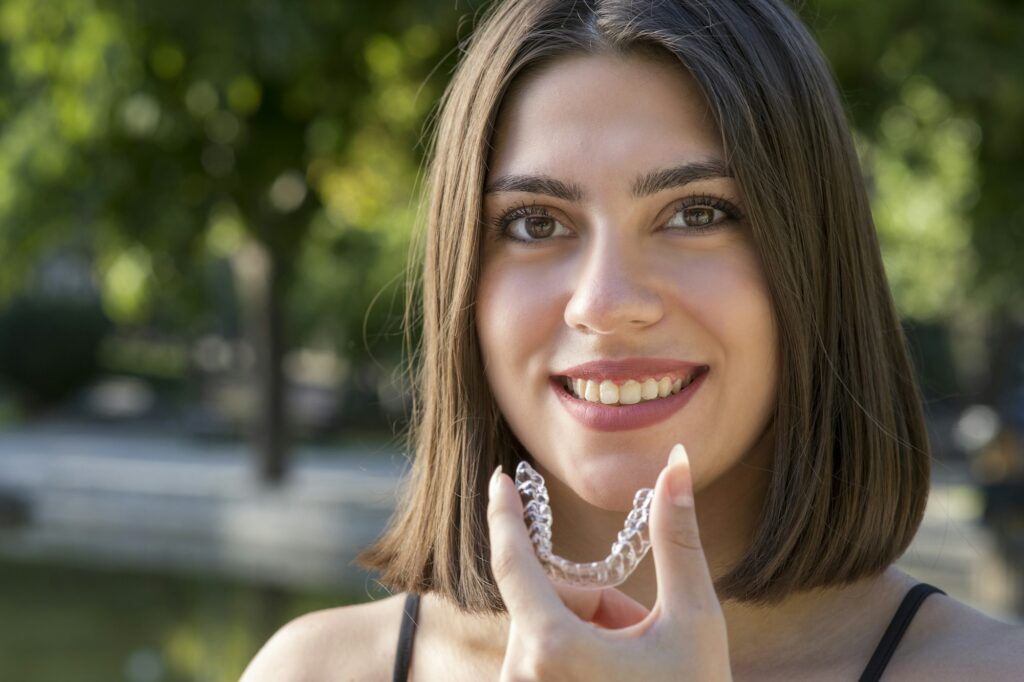 Woman smiling while holding an Invisalign aligner, showcasing orthodontic options at Wichita Family Dental for all ages in Wichita, KS.